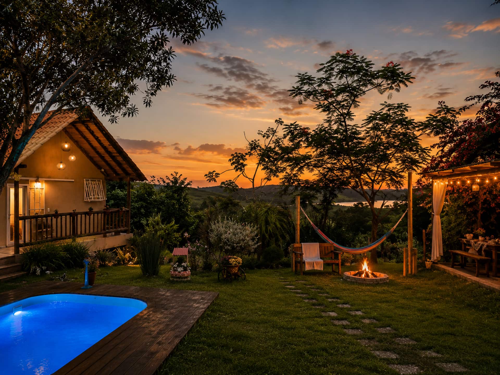 Chalé Pôr do Sol com piscina ao entardecer em Alexânia, Goiás